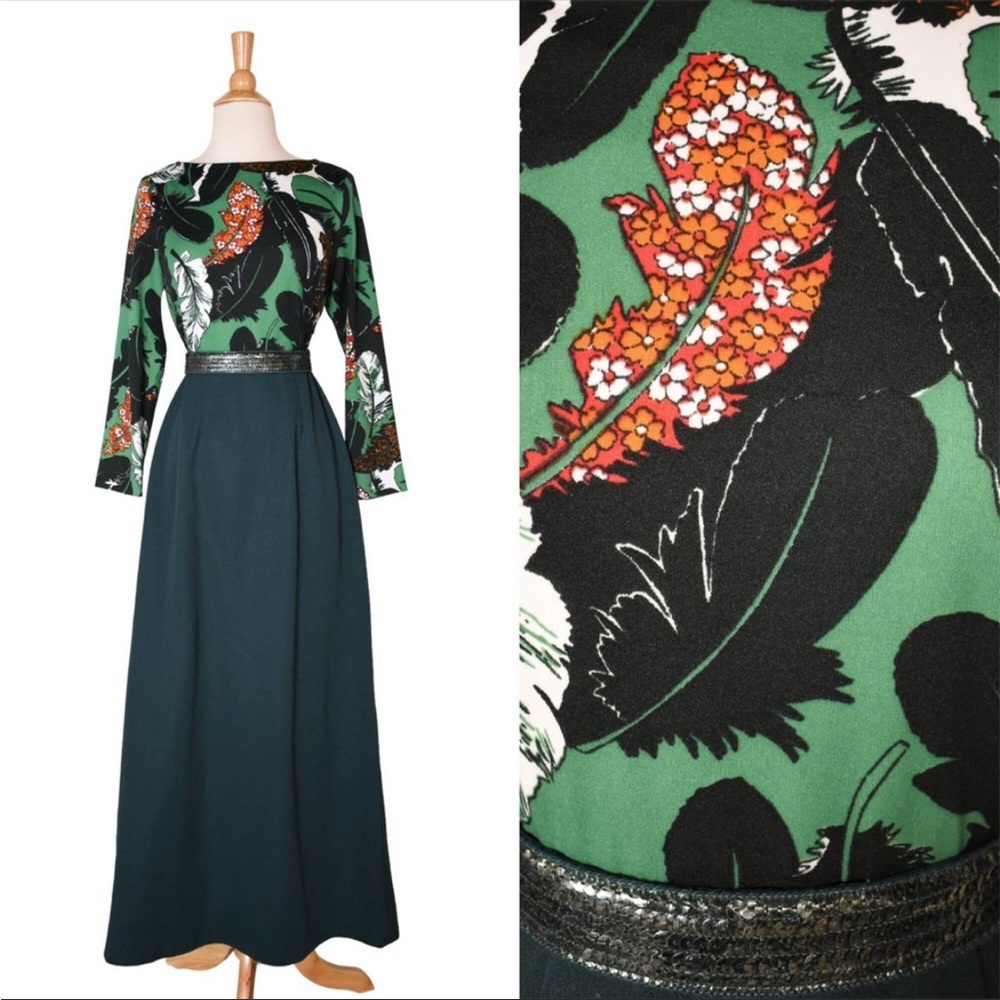 Vintage 70’s Hunter Green Novelty Feather Print Sequin Belt Maxi Dress